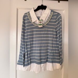 Charter Club Blue and White Sweater with Pearl Accents